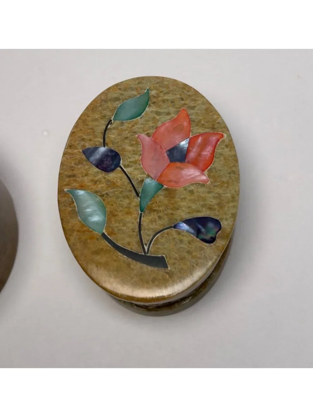 VTG Soapstone Floral Trinket Boxes Set Of 2 Handmade In India Pearl Collectible